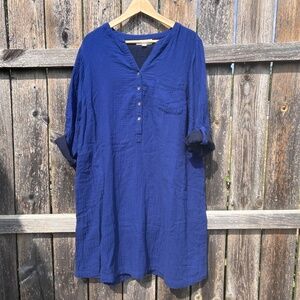 J. Jill Organic Cotton Henley One Pocket Shirt Dress Textured Cotton-Gauze (XLP)